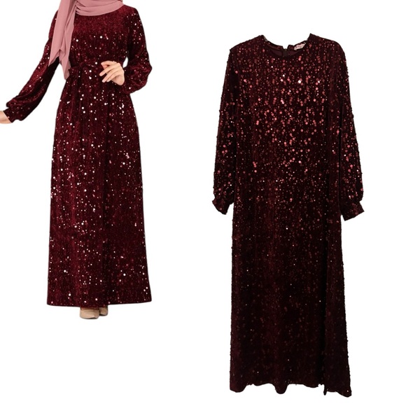 NEW MODA SELVIM Burgundy Allover Sequin Long Sleeve Maxi Dress - Picture 1 of 13